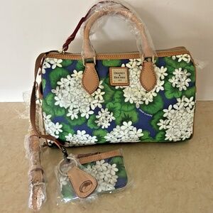 NWT Dooney & Bourke White Hydrangea Satchel Bag -Blue Green Card Case & Keychain